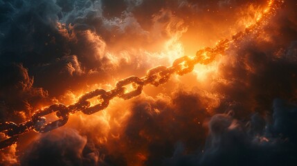 A glowing, fiery chain link hovers weightlessly through dense smoke, suggesting strength and resilience amidst turmoil,Fiery Chain Link Floating Amongst Smoke - obrazy, fototapety, plakaty