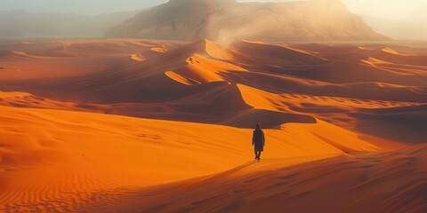 A lone explorer traverses the sweeping orange dunes of a desert during the golden hour, emphasizing solitude in the vast landscape. - Powered by Adobe