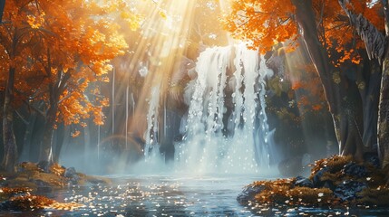 Fall Foliage Frenzy A Sunlit Waterfall Scene Generative AI
