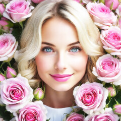 portrait of a romantic blonde woman surrounded by pink roses