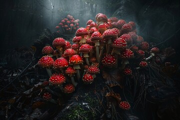 Mushroom Mania A Fungi-Filled Forest in Black and White Generative AI - obrazy, fototapety, plakaty