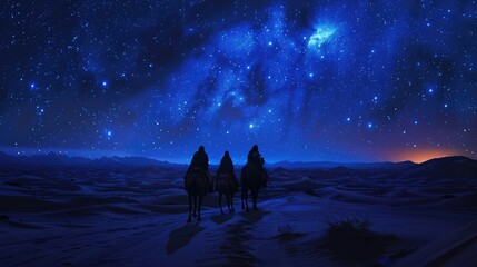 Three silhouetted riders on camels traverse an expansive desert under a breathtakingly starry night sky.