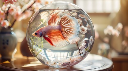 Betta Fish in Cherry Blossom Glass Sphere