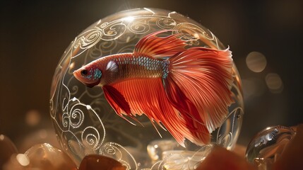 Red Betta Fish in Ornate Crystal Ball Elegant 