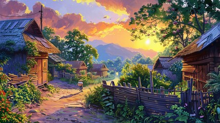 Sunset Serenade A Rustic Village Scene Generative AI