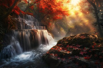 Fall Foliage Frenzy A Stunning Waterfall Scene Generative AI