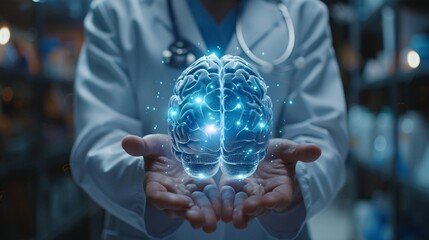 A lot of  doctor hands holding a brain hologram with light effects on a blurred background - obrazy, fototapety, plakaty