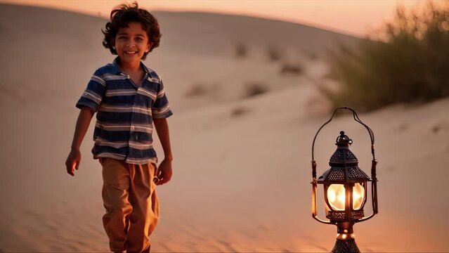 Arab skinny boy smiles in the desert next to a Ramadan lantern at dusk.