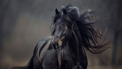 Obraz na płótnie Canvas Fiery October Night A Black Horse with Long Hair and Eyes Generative AI