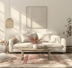 Modern Living Room with White Couch and Rug Generative AI