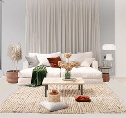 Modern Living Room with White Couch and Flower Centerpiece Generative AI