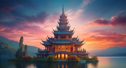 Obraz premium Serene temple nestled on a lake at sunset, with a breathtakingly colorful sky