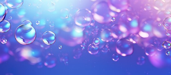 Vibrant purple, violet, and electric blue soap bubbles float in water against a blue and purple background, resembling flower petals in liquid form - obrazy, fototapety, plakaty