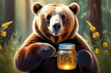 beautiful cute pleasant smile of brown bear, jar of honey in hand, bee art. Bees fly around, an apiary. - obrazy, fototapety, plakaty