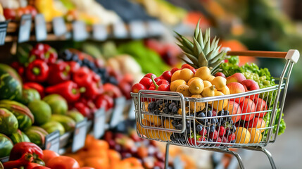 A shopping cart full of fruits and vegetables in a grocery store - obrazy, fototapety, plakaty