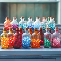 Obraz na płótnie Canvas A row of colorful glass bottles with cork pills