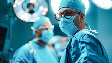 A doctor in a blue surgical outfit is wearing a mask - Powered by Adobe