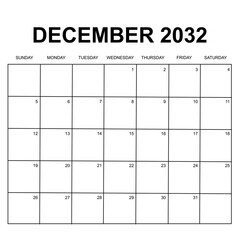 december 2032. calendar for 2032. week starts on Sunday. printable, simple, and clear design. calendar vector design.