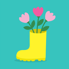 Yellow rubber boot with pink tulip flower bouquet set. Cute cartoon spring tulips flowers. Happy Easter. Decoration element. Greeting card. Flat design. Blue background. Isolated. - 756239497