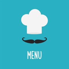 Big white chef hat and mustache sign symbol. Menu icon. Template print. Flat design. Childish style. Blue background. Isolated. - 756239628