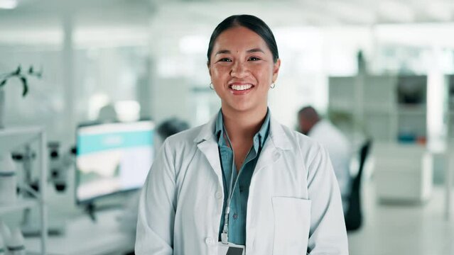 Science, face and young woman in laboratory for research and pharmaceutical development for medical innovation. Asian person, portrait or happy in pharmacy for biotechnology or biology expert at work