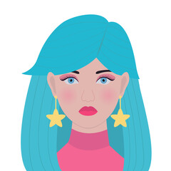 Portrait of woman. Long blue hair. Young girl face. Stylish hairstyle. Beautiful lady, female. Front view. Avatar for social networks. Pink lipstick makeup. Flat design. White background. - 756239839