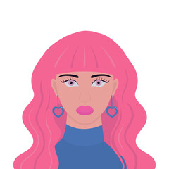 Portrait of woman. Young girl face. Stylish hairstyle. Long pink curly hair. Beautiful lady, female. Front view. Avatar for social networks. Pink lipstick makeup. Flat design. White background. - 756239882