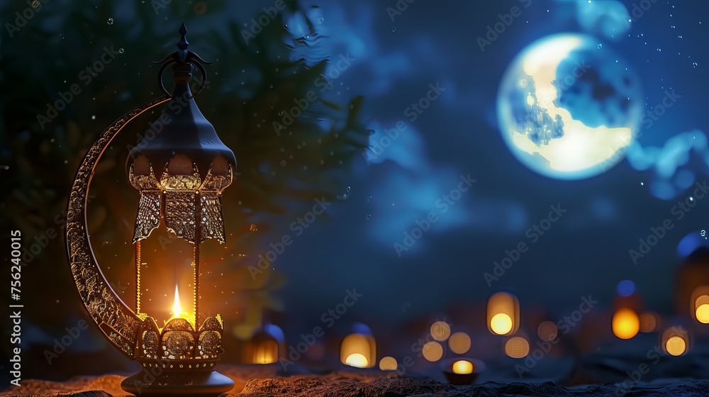 Wall mural vibrant illuminated islamic eid festival greeting with crescent moon and traditional lamp - cultural