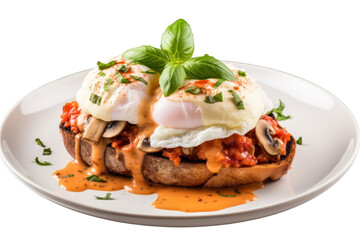 Eggs Benedict on whole grain bread Topped with tomato sauce, poached eggs and mushrooms, sprinkled with basil leaves. Isolated on a transparent background.