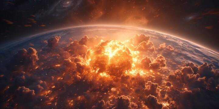 asteroid hits the earth causing a large explosion on the earth's surface. destruction of the earth due to being hit by a meteorite