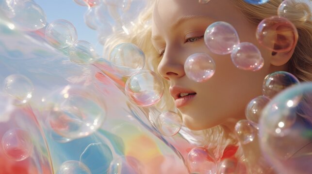  she sparkling sky bubbles, long rainbow, crystal clear water, diamond shiny glass,Rainbow colored soap bubbles