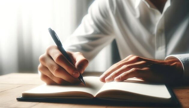 Close up of a person's hands writing thoughtfully in a blank notebook with a pencil, capturing inspiration.