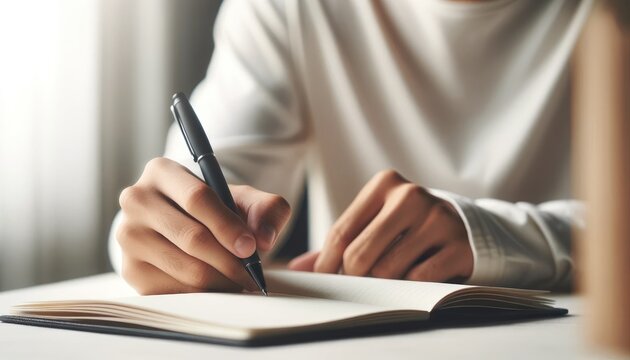 Close up of a person's hands writing thoughtfully in a blank notebook with a pencil, capturing inspiration.