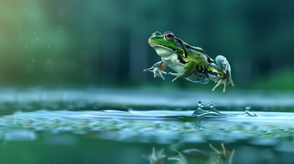 In a serene pond, a graceful frog gracefully leaps through the air, its legs outstretched in a perfect arc, captured mid-flop.