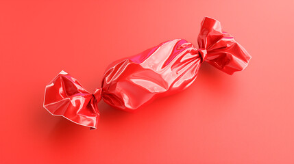 A red candy wrapper with a red candy inside