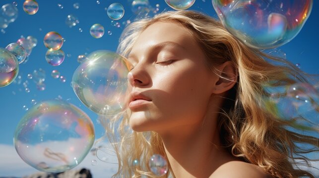  she sparkling sky bubbles, long rainbow, crystal clear water, diamond shiny glass,Rainbow colored soap bubbles