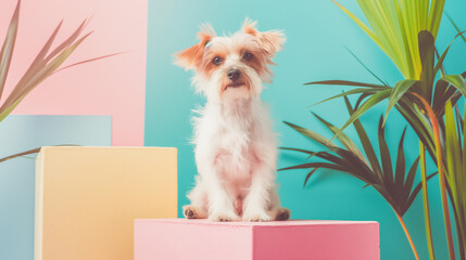 A small white dog is sitting on a pink, yellow, and blue box