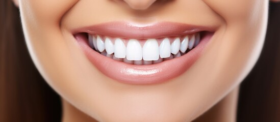 Obraz premium A closeup of a womans smile showcasing her white teeth and happy expression. Her lipstick complements her joyful laugh, captured in stunning macro photography