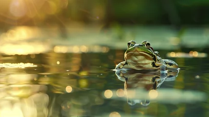 Abwaschbare Fototapete In a tranquil pond under the soft light of the setting sun, a mesmerizing frog gracefully jumps, its reflection mirrored perfectly in the still water below. © Ayesha