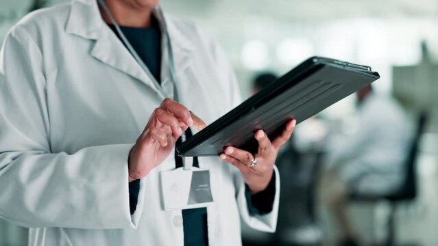 Scientist, tablet or online research in laboratory for health development or scroll for pharmaceutical innovation. Medical person, tech and zoom to read on digital journal and knowledge in industry