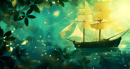 an animated illustration of a sailing ship sailing on the ocean