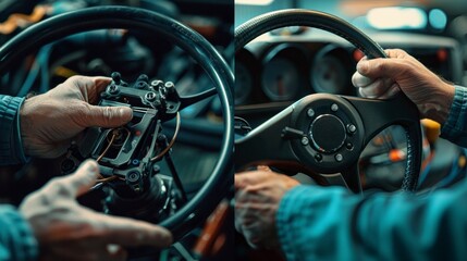 The mechanic skillfully repaired the car's steering wheel, ensuring optimal vehicle maintenance for safe driving on the road. - obrazy, fototapety, plakaty