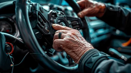 Foto op Canvas The mechanic skillfully repaired the car's steering wheel, ensuring optimal vehicle maintenance for safe driving on the road. © kittikunfoto