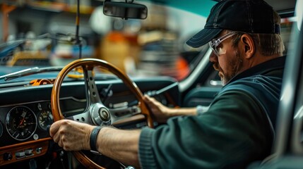 The skilled mechanic expertly repaired the car's steering wheel, ensuring smooth handling and safe maintenance of the vehicle. - obrazy, fototapety, plakaty