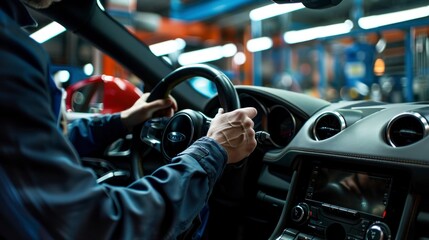 The skilled mechanic expertly repaired the car's steering wheel, ensuring smooth handling and safe maintenance of the vehicle. - obrazy, fototapety, plakaty