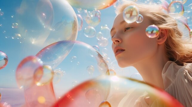  she sparkling sky bubbles, long rainbow, crystal clear water, diamond shiny glass,Rainbow colored soap bubbles