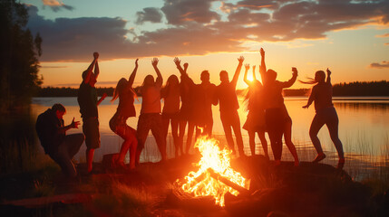 A group of people are gathered around a fire, celebrating and having fun