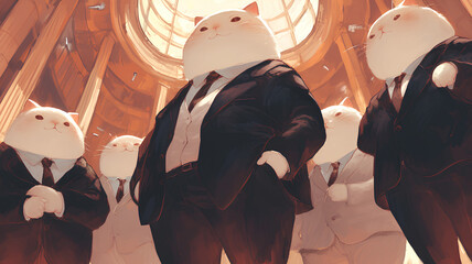 a group of fat cats posing wearing formal office suits - obrazy, fototapety, plakaty