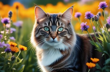 Obraz premium cat in field of flowers, realistic, vivid colors