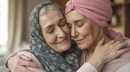 In a cozy living room, two elderly women embrace each other in a heartfelt hug The concept of fighting cancer.